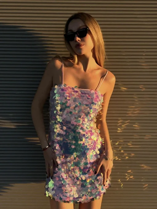 Glamorous Party Dresses|Going Out Dresses|Iridescent Disc-Sequin Jessie Strappy Mini-Dress -