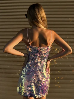 Glamorous Party Dresses|Going Out Dresses|Iridescent Disc-Sequin Jessie Strappy Mini-Dress -