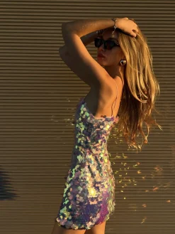 Glamorous Party Dresses|Going Out Dresses|Iridescent Disc-Sequin Jessie Strappy Mini-Dress -