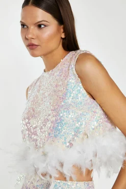 Glamorous Go To Partywear|Co-ords|Iridescent-Sequin White Feather Trim Crop-Top -