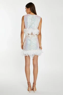 Glamorous Go To Partywear|Co-ords|Iridescent-Sequin White Feather Trim Crop-Top -