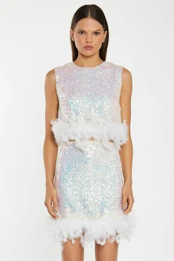 Glamorous Go To Partywear|Co-ords|Iridescent-Sequin White Feather Trim Mini-Skirt -
