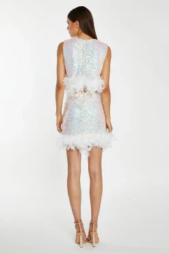 Glamorous Go To Partywear|Co-ords|Iridescent-Sequin White Feather Trim Mini-Skirt -
