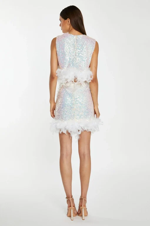 Glamorous Go To Partywear|Co-ords|Iridescent-Sequin White Feather Trim Mini-Skirt -