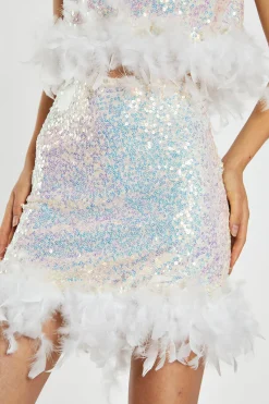 Glamorous Go To Partywear|Co-ords|Iridescent-Sequin White Feather Trim Mini-Skirt -