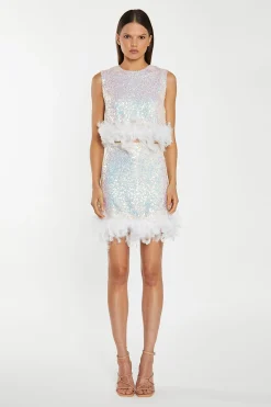 Glamorous Go To Partywear|Co-ords|Iridescent-Sequin White Feather Trim Mini-Skirt -