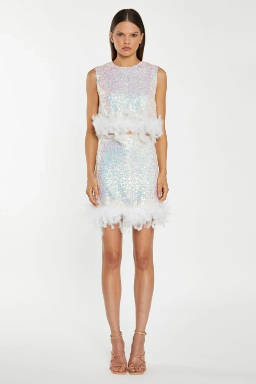 Glamorous Go To Partywear|Co-ords|Iridescent-Sequin White Feather Trim Mini-Skirt -
