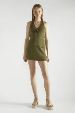 Glamorous Co-ords|Knitted Co-ords|Khaki Halter-Neck Sleeveless-Top -