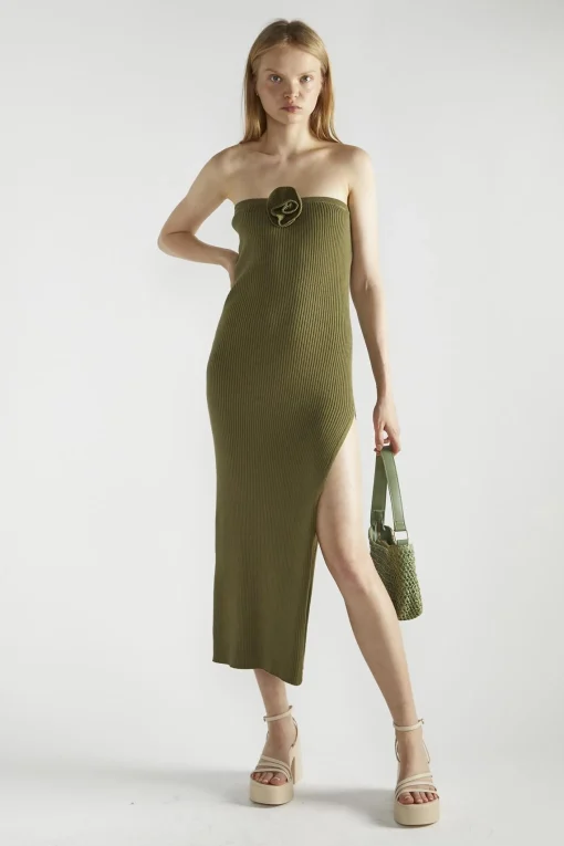 Glamorous Day Dresses|Knitted Dresses|Khaki Knitted Midaxi-Dress -