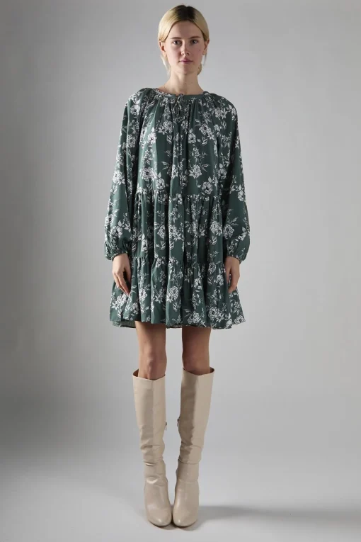 Glamorous Mini Dresses|Mini Dresses|Khaki White Floral Poplin Tiered Mini-Dress -