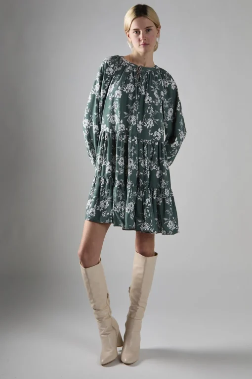 Glamorous Mini Dresses|Mini Dresses|Khaki White Floral Poplin Tiered Mini-Dress -