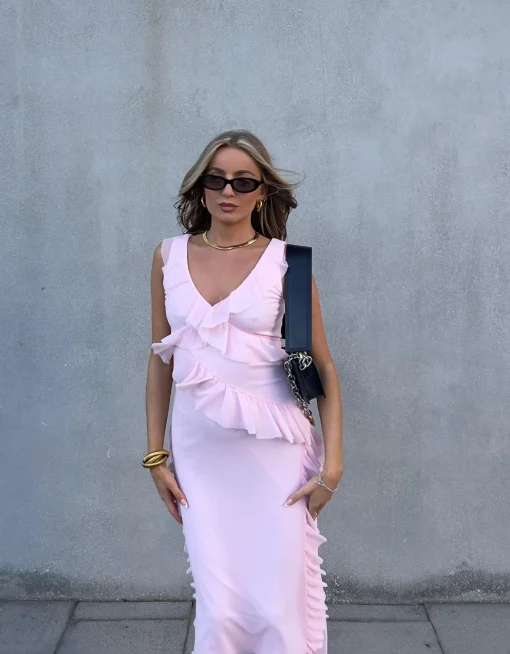 Glamorous Dresses|Chic Escapes|Khloe Ruffle Midaxi Dress -Pale Pink -