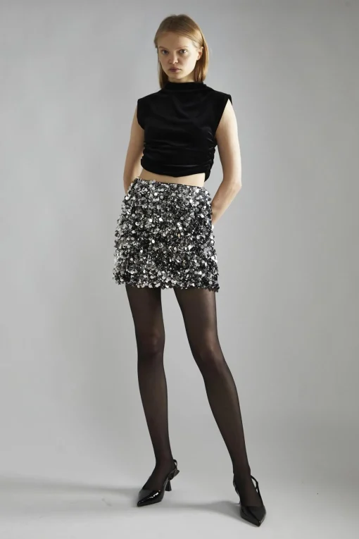 Glamorous Going Out Skirts|Glamorous Studio|Large Pewter-Sequin Mini-Skirt -
