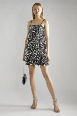 Glamorous Party Dresses|Going Out Dresses|Large Pewter-Sequin Strappy Mini-Dress -