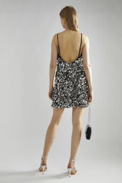 Glamorous Party Dresses|Going Out Dresses|Large Pewter-Sequin Strappy Mini-Dress -