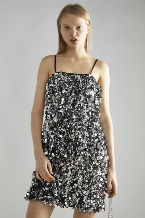 Glamorous Party Dresses|Going Out Dresses|Large Pewter-Sequin Strappy Mini-Dress -