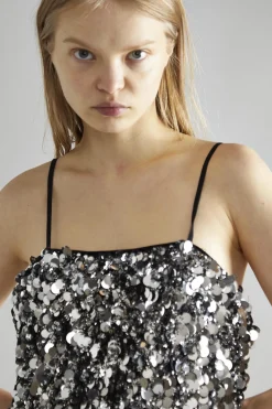 Glamorous Party Dresses|Going Out Dresses|Large Pewter-Sequin Strappy Mini-Dress -