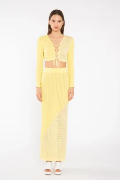 Glamorous Co-ords|Lemon-Yellow Mix Knit Lace-Up Front Crop-Top -