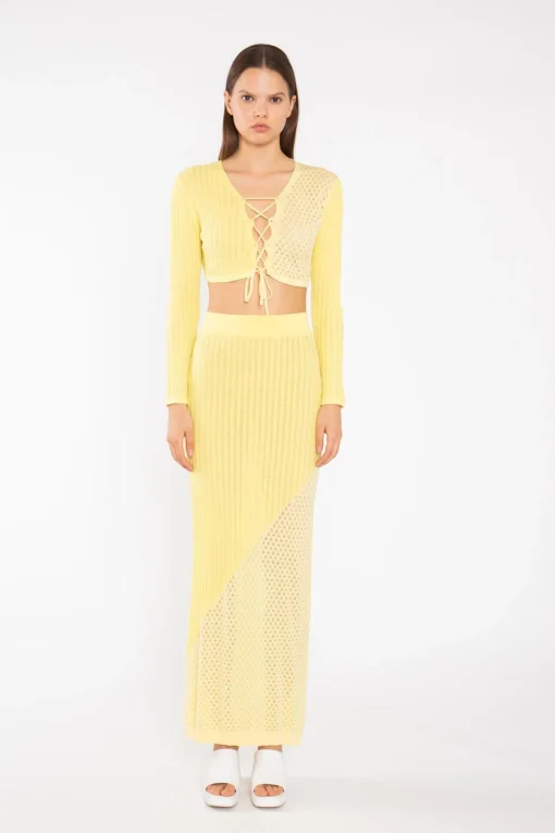 Glamorous Co-ords|Lemon-Yellow Mix Knit Lace-Up Front Crop-Top -