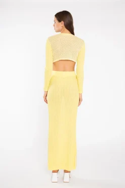 Glamorous Co-ords|Lemon-Yellow Mix Knit Lace-Up Front Crop-Top -