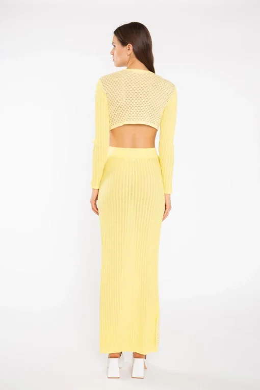 Glamorous Co-ords|Lemon-Yellow Mix Knit Lace-Up Front Crop-Top -