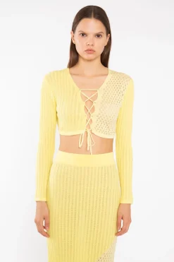 Glamorous Co-ords|Lemon-Yellow Mix Knit Lace-Up Front Crop-Top -