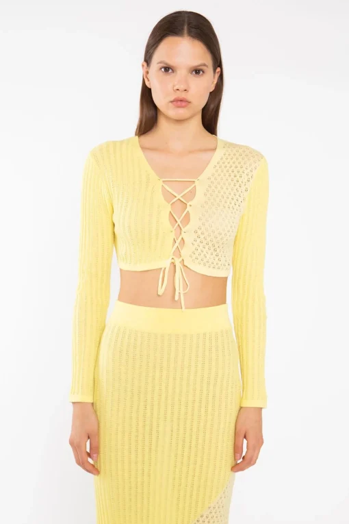 Glamorous Co-ords|Lemon-Yellow Mix Knit Lace-Up Front Crop-Top -