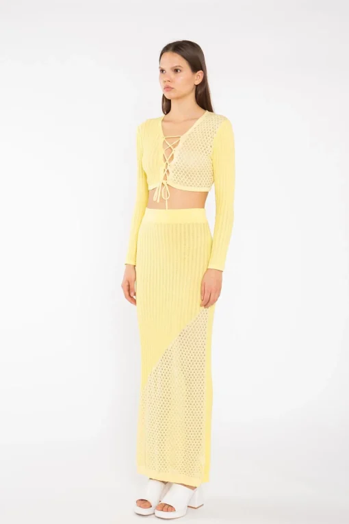 Glamorous Co-ords|Lemon-Yellow Mix Knit Lace-Up Front Crop-Top -