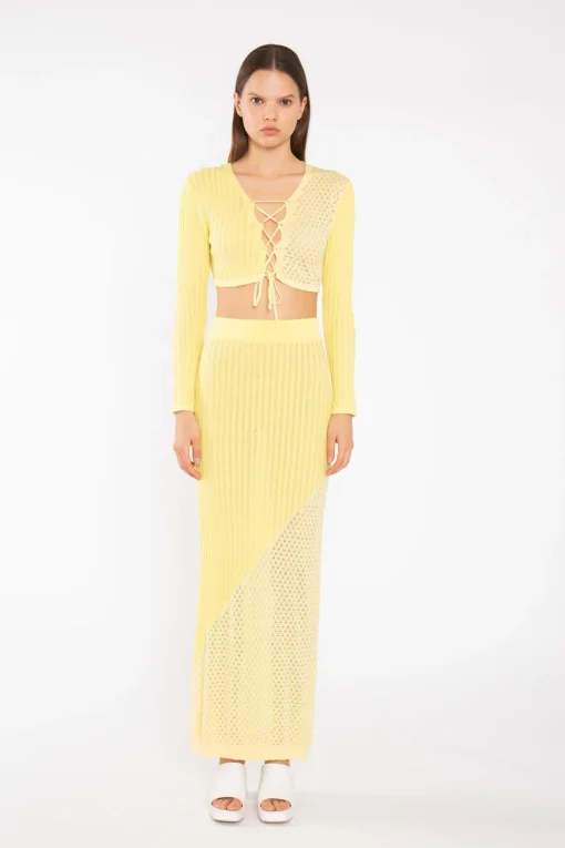 Glamorous Co-ords|Knitted Skirts|Lemon-Yellow Mix Knit Straight Maxi-Skirt -