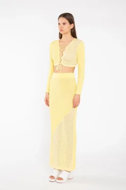 Glamorous Co-ords|Knitted Skirts|Lemon-Yellow Mix Knit Straight Maxi-Skirt -
