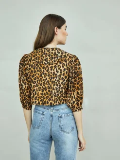 Glamorous Blouses & Shirts|Leopard Print Long Sleeve High Neck Crop Top -