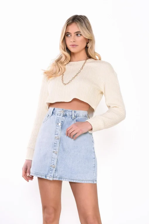 Glamorous Denim Skirts|Mini Skirts|Light Bleach Stonewash Denim Button Mini-Skirt -