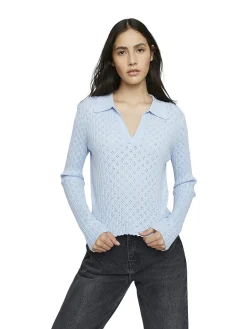 Glamorous Blouses & Shirts|Light Blue Long Sleeve Crochet Collar Shirt -