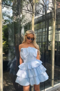 Glamorous Mini Dresses|Mini Dresses|Light Blue Tiered Pleated Mini-Dress -
