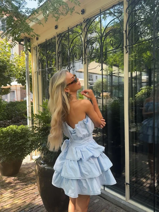 Glamorous Mini Dresses|Mini Dresses|Light Blue Tiered Pleated Mini-Dress -