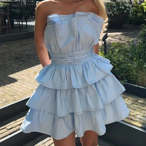 Glamorous Mini Dresses|Mini Dresses|Light Blue Tiered Pleated Mini-Dress -