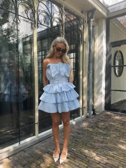 Glamorous Mini Dresses|Mini Dresses|Light Blue Tiered Pleated Mini-Dress -