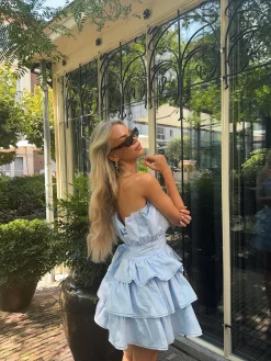 Glamorous Mini Dresses|Mini Dresses|Light Blue Tiered Pleated Mini-Dress -