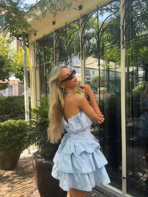 Glamorous Mini Dresses|Mini Dresses|Light Blue Tiered Pleated Mini-Dress -