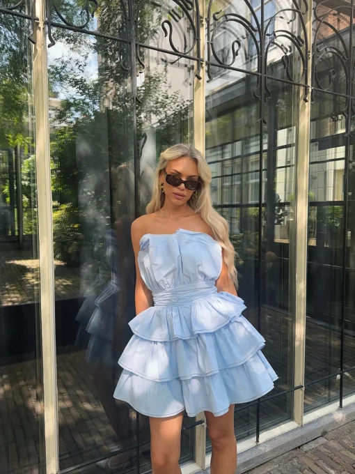 Glamorous Mini Dresses|Mini Dresses|Light Blue Tiered Pleated Mini-Dress -