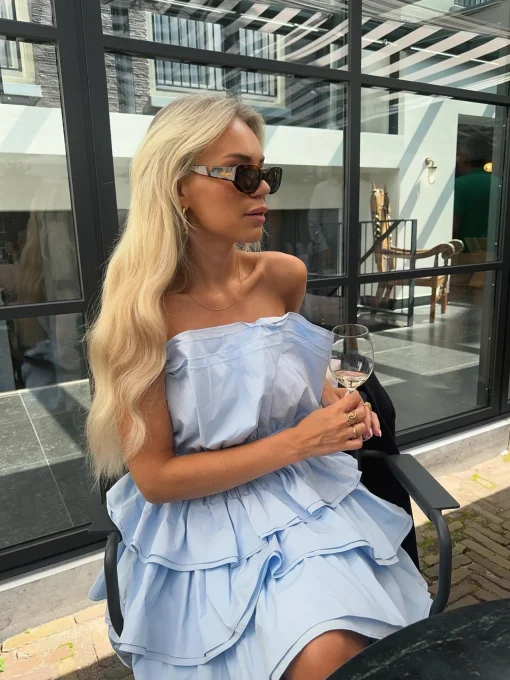 Glamorous Mini Dresses|Mini Dresses|Light Blue Tiered Pleated Mini-Dress -