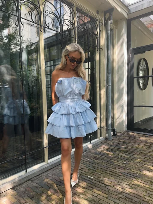 Glamorous Mini Dresses|Mini Dresses|Light Blue Tiered Pleated Mini-Dress -