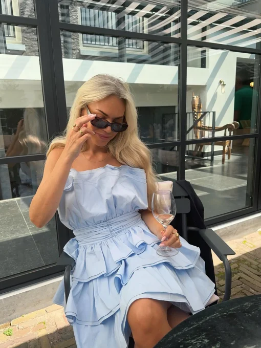Glamorous Mini Dresses|Mini Dresses|Light Blue Tiered Pleated Mini-Dress -
