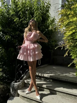 Glamorous Dresses|Day Dresses|Light Pink Frill- Layered Mini-Dress -