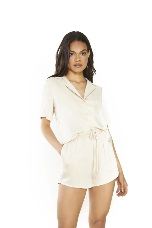 Glamorous Woven Shorts|Light Stone Satin Loose High-Waisted-Shorts -