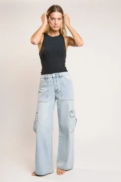 Glamorous Wide Leg Jeans|Wide Leg Trousers|Light Stonewash Cargo Wide-Leg-Jeans -