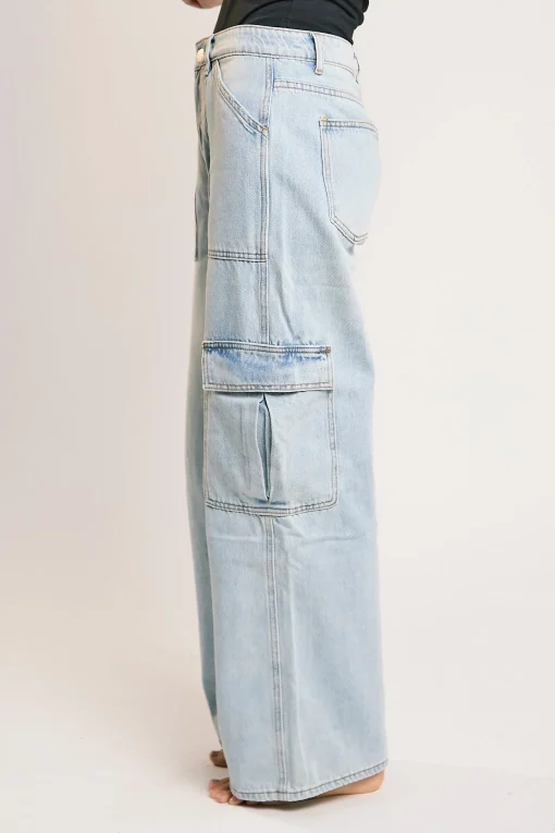 Glamorous Wide Leg Jeans|Wide Leg Trousers|Light Stonewash Cargo Wide-Leg-Jeans -