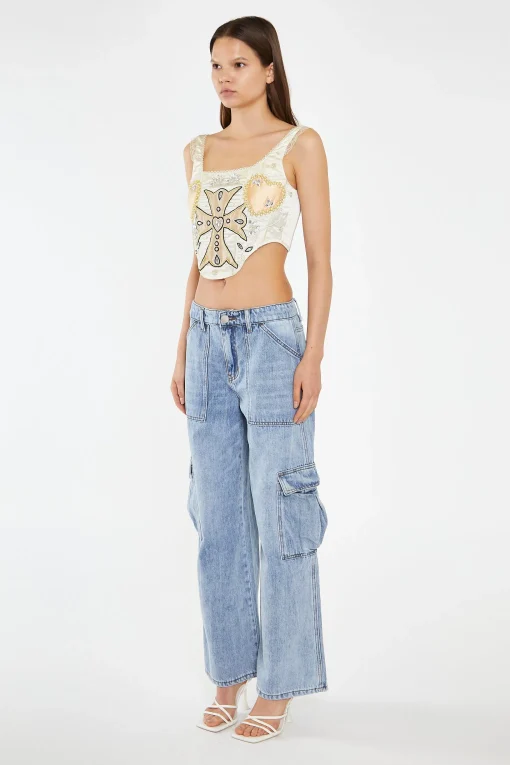 Glamorous Wide Leg Jeans|Wide Leg Trousers|Light Stonewash Cargo Wide-Leg-Jeans -