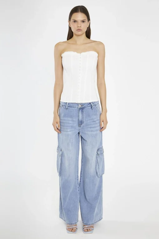 Glamorous Wide Leg Jeans|Wide Leg Trousers|Light Stonewash Wide Leg Cargo Jeans -