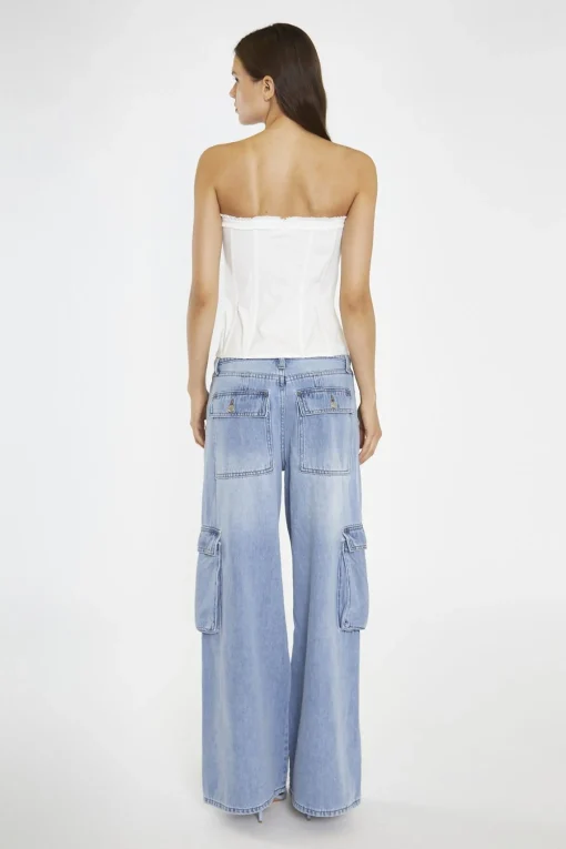 Glamorous Wide Leg Jeans|Wide Leg Trousers|Light Stonewash Wide Leg Cargo Jeans -